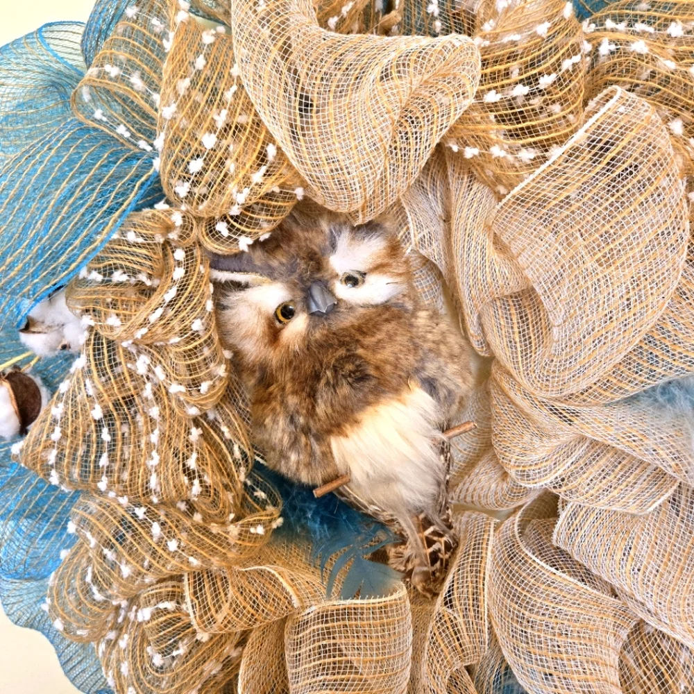 Hand Crafted Blue and Tan Holiday Wreath